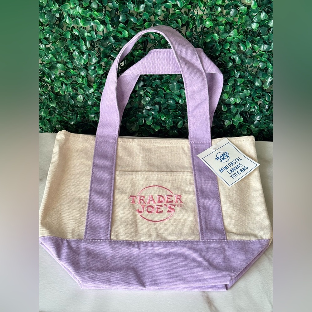Trader Joe’s Mini Pastel Purple and Cream Canvas Tote Bag NWT